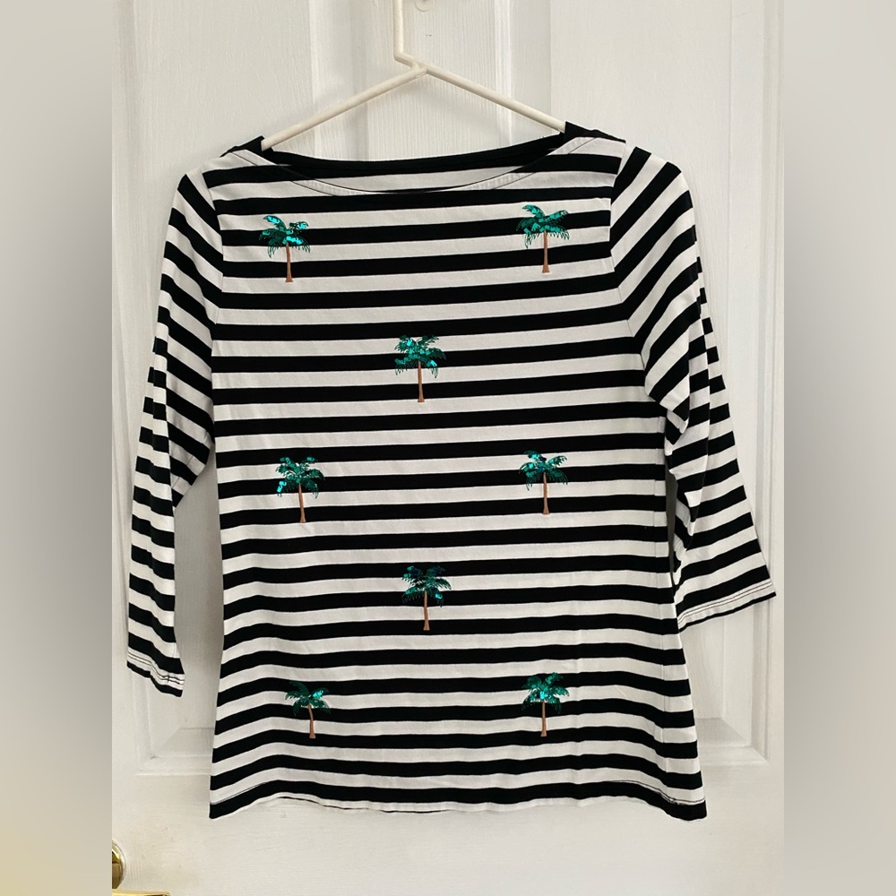 AND EA WY  Striped Black and White Top with Palm Tree Design